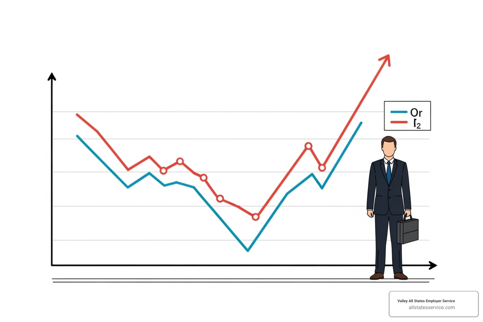 of a graph showing a downward trend for "Compliance Errors" and an upward trend for "Business Growth" - outsourcing hr compliance