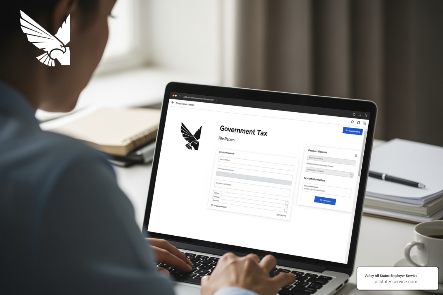 A professional working on a laptop, with the Maryland Tax Connect logo prominently displayed on the screen - Maryland business services A professional working on a laptop, with the Maryland Tax Connect logo prominently displayed on the screen - Maryland business services