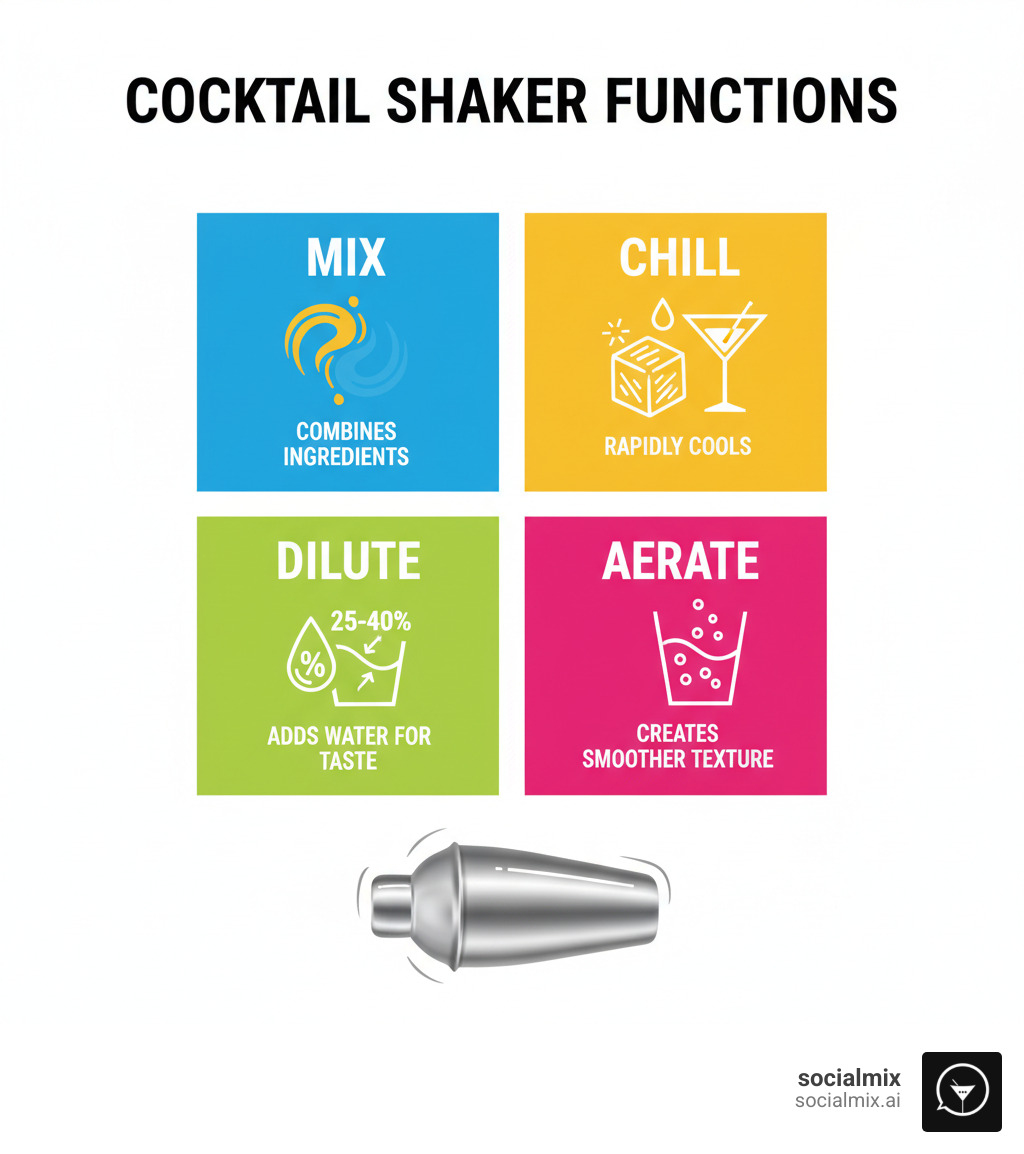 Infographic showing the four essential functions of a cocktail shaker: Mix (combining ingredients of different densities like citrus juice and spirits), Chill (rapidly cooling the drink through contact with ice), Dilute (adding 25-40% water from melting ice for optimal taste), and Aerate (incorporating air bubbles for smoother texture and mellower flavors) - cocktail shaker for beginners infographic  Infographic showing the four essential functions of a cocktail shaker: Mix (combining ingredients of different densities like citrus juice and spirits), Chill (rapidly cooling the drink through contact with ice), Dilute (adding 25-40% water from melting ice for optimal taste), and Aerate (incorporating air bubbles for smoother texture and mellower flavors) - cocktail shaker for beginners infographic