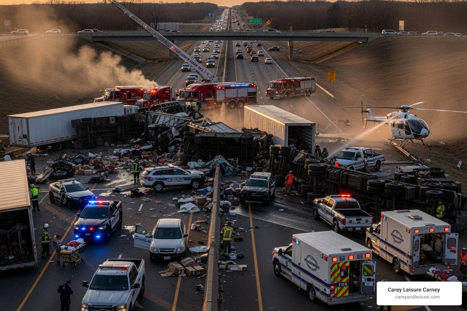 A complex multi-vehicle truck accident scene - how much does a truck accident lawyer cost