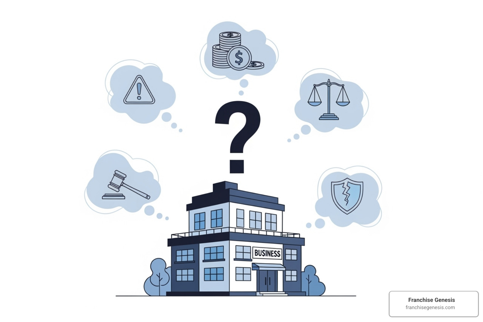 A graphic depicting a question mark over a business, surrounded by thought bubbles representing common FAQ topics like cost, legal, and risks of franchising - franchise your business A graphic depicting a question mark over a business, surrounded by thought bubbles representing common FAQ topics like cost, legal, and risks of franchising - franchise your business