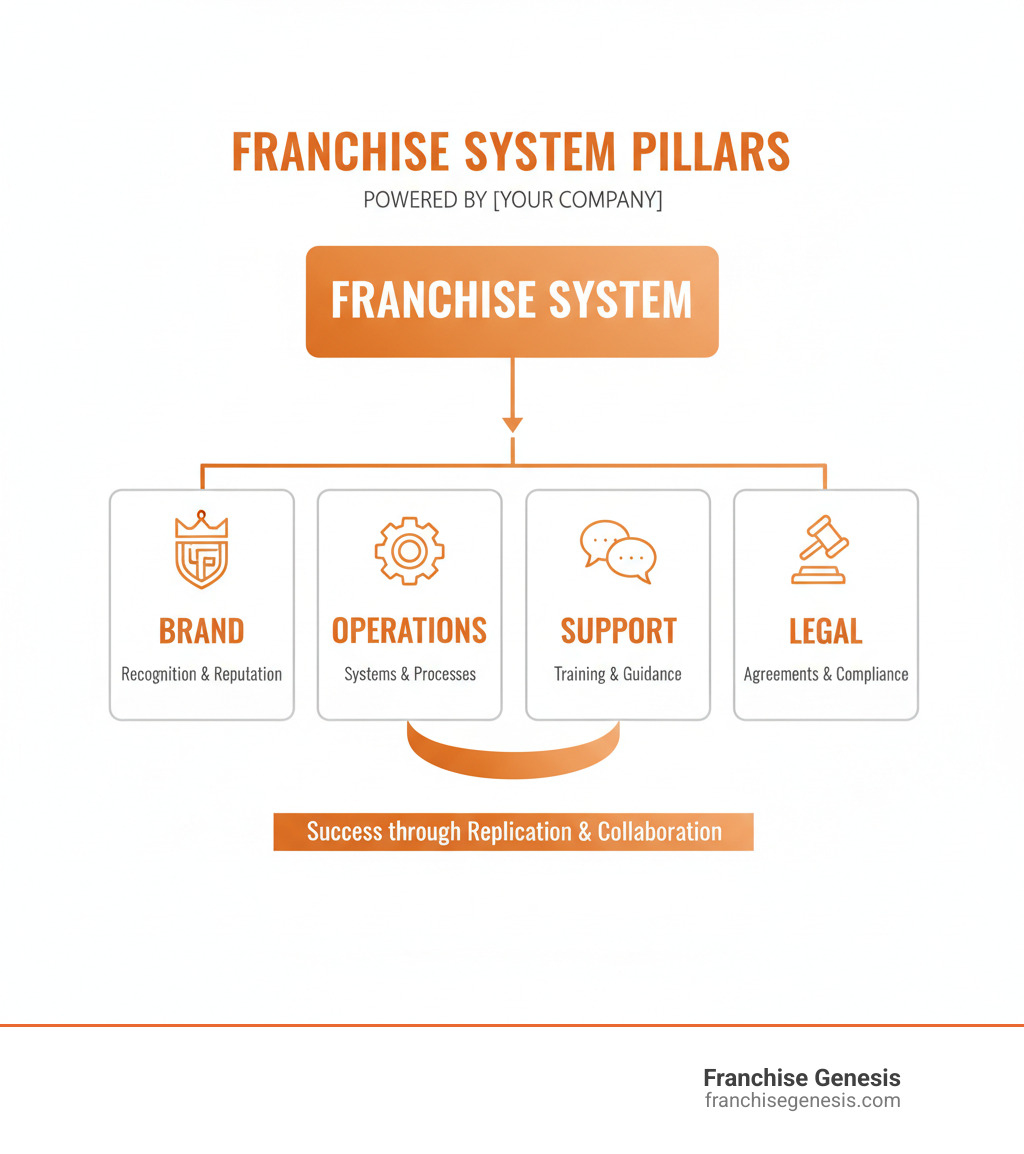flowchart showing the key pillars of a franchise system: Brand, Operations, Support, and Legal - Franchise business model infographic 