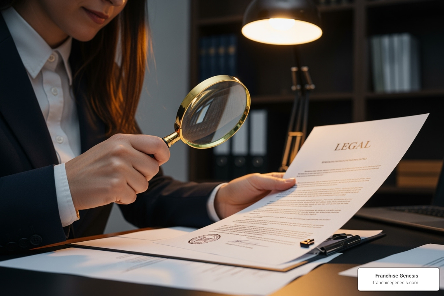 person reviewing a legal document with a magnifying glass - Franchise business model