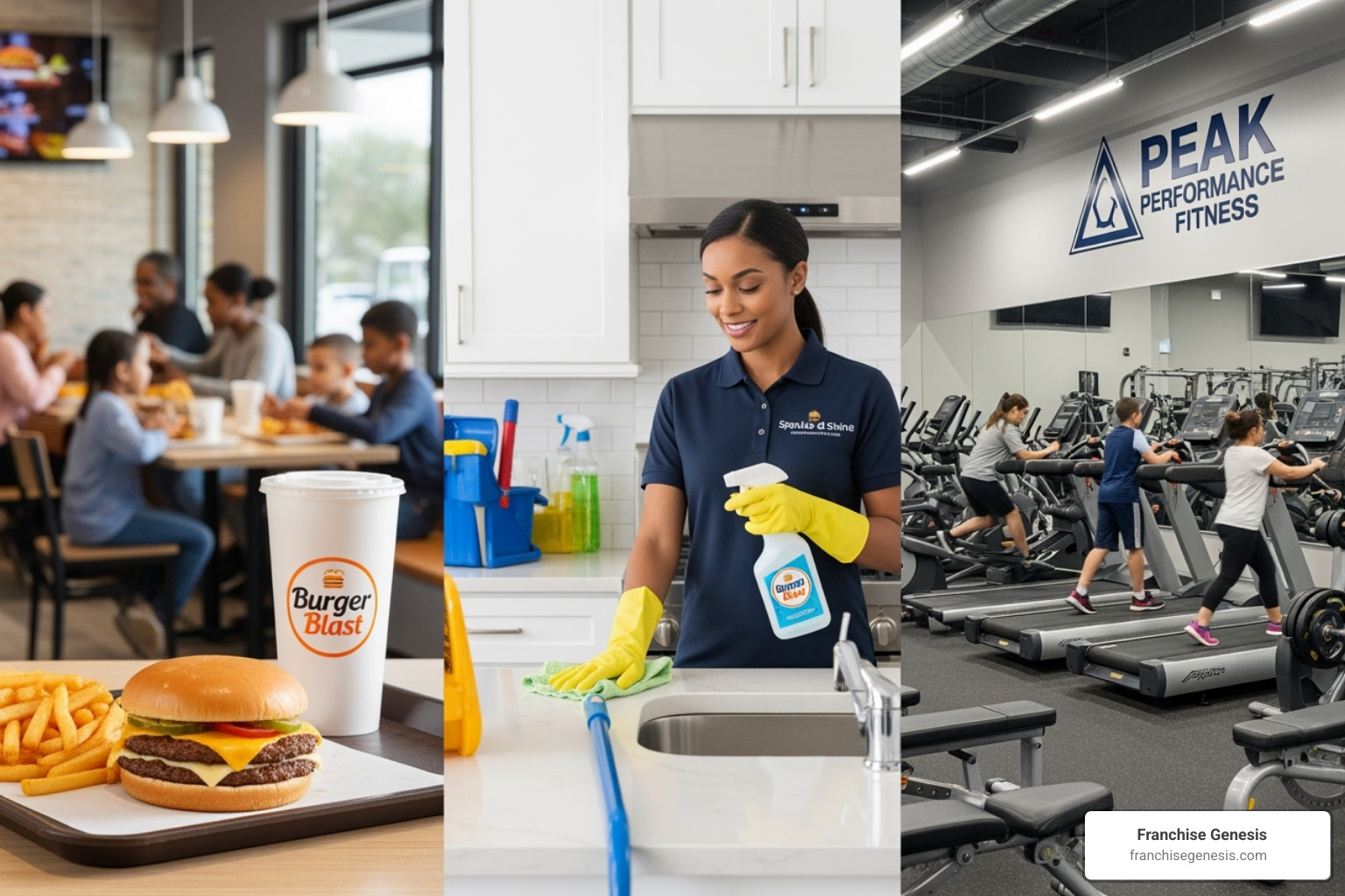 collage representing different industries like food, home services, and fitness - which industries are most likely to franchise collage representing different industries like food, home services, and fitness - which industries are most likely to franchise