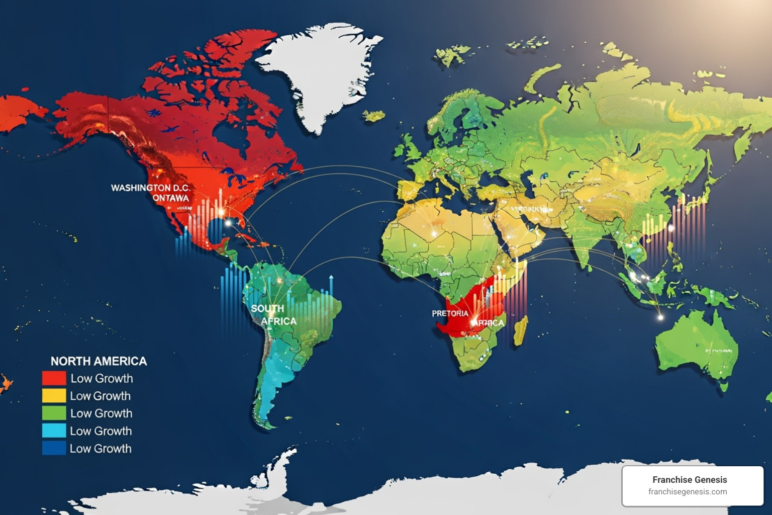 world map highlighting franchise growth in regions like the US, Canada, and South Africa - franchise economy world map highlighting franchise growth in regions like the US, Canada, and South Africa - franchise economy