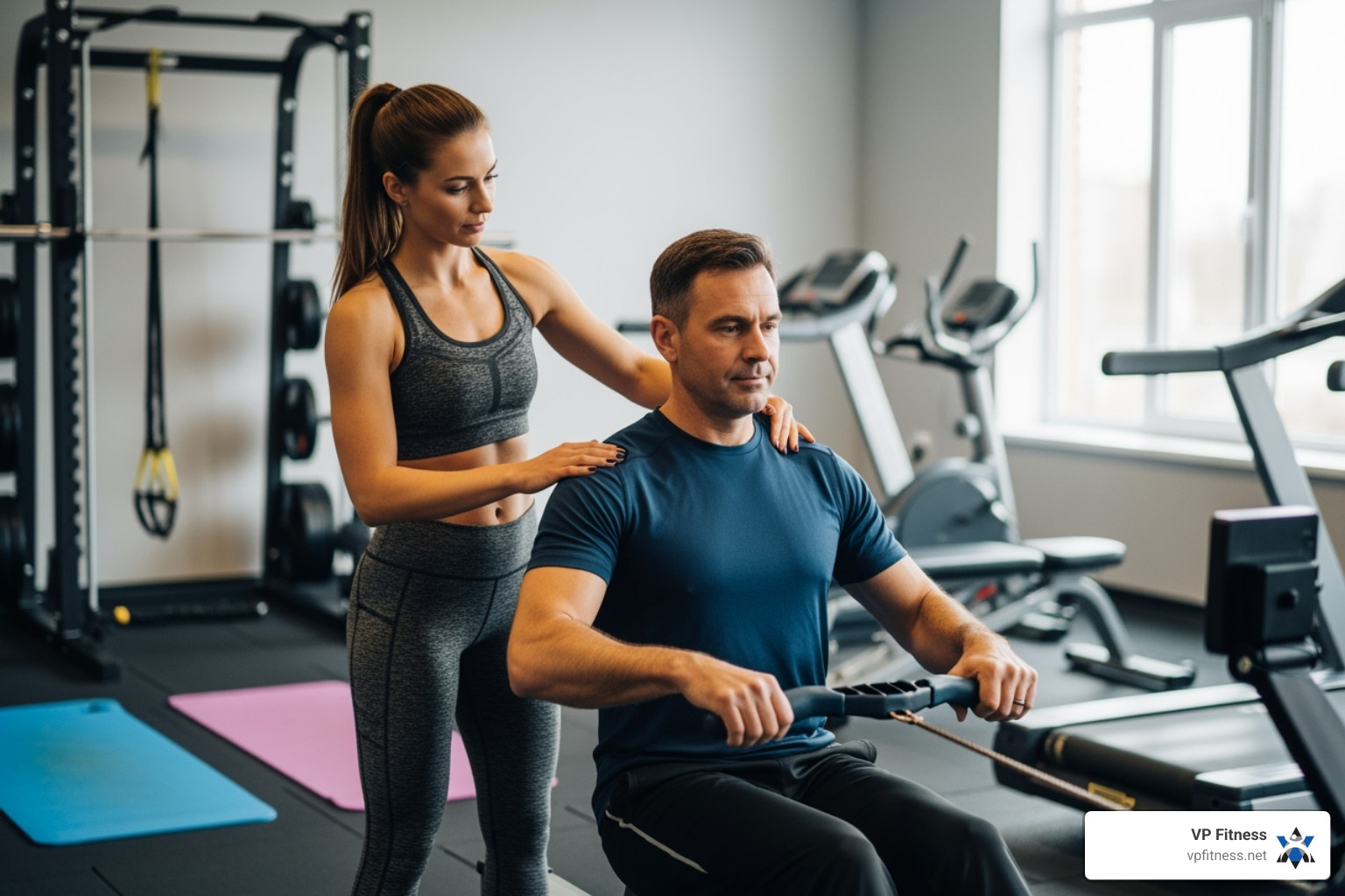 personal trainer correcting client rowing form - rowing workouts near me