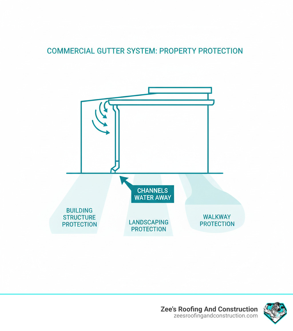 infographic showing how commercial gutters channel water from roof through downspouts away from foundation and walls, with labels indicating protection zones for building structure, landscaping, and walkways - gutter installation service infographic infographic showing how commercial gutters channel water from roof through downspouts away from foundation and walls, with labels indicating protection zones for building structure, landscaping, and walkways - gutter installation service infographic