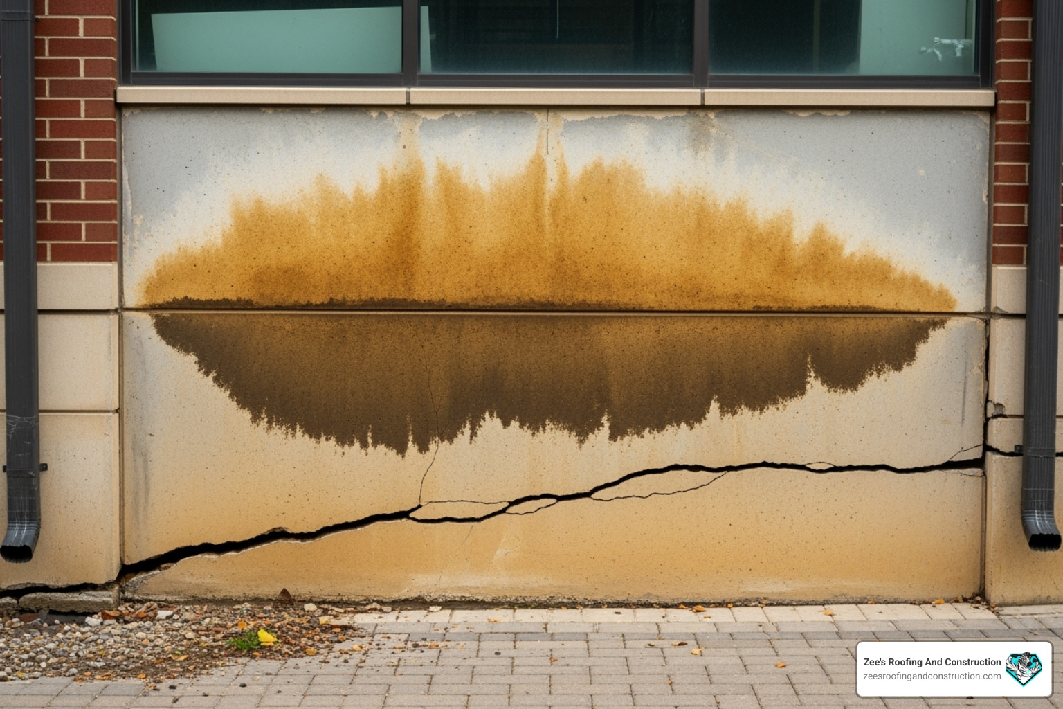 water damage, such as a cracked foundation or stained wall, on a commercial building - gutter installation service water damage, such as a cracked foundation or stained wall, on a commercial building - gutter installation service
