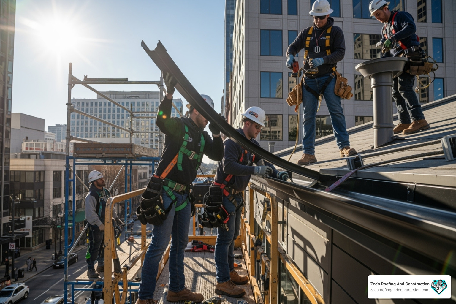 professional installers working on a commercial gutter system - gutter installation service professional installers working on a commercial gutter system - gutter installation service