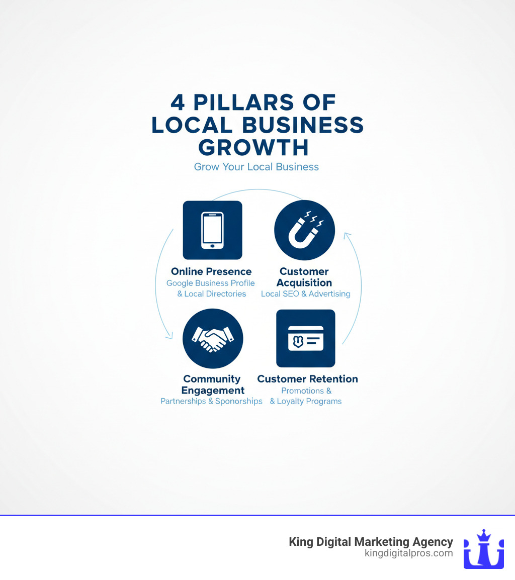 infographic showing four pillars of local business growth: a smartphone icon labeled Online Presence with Google Business Profile and local directories, a magnet icon labeled Customer Acquisition with local SEO and advertising, a loyalty card icon labeled Customer Retention with promotions and loyalty programs, and a handshake icon labeled Community Engagement with partnerships and sponsorships - Grow your local business infographic infographic showing four pillars of local business growth: a smartphone icon labeled Online Presence with Google Business Profile and local directories, a magnet icon labeled Customer Acquisition with local SEO and advertising, a loyalty card icon labeled Customer Retention with promotions and loyalty programs, and a handshake icon labeled Community Engagement with partnerships and sponsorships - Grow your local business infographic