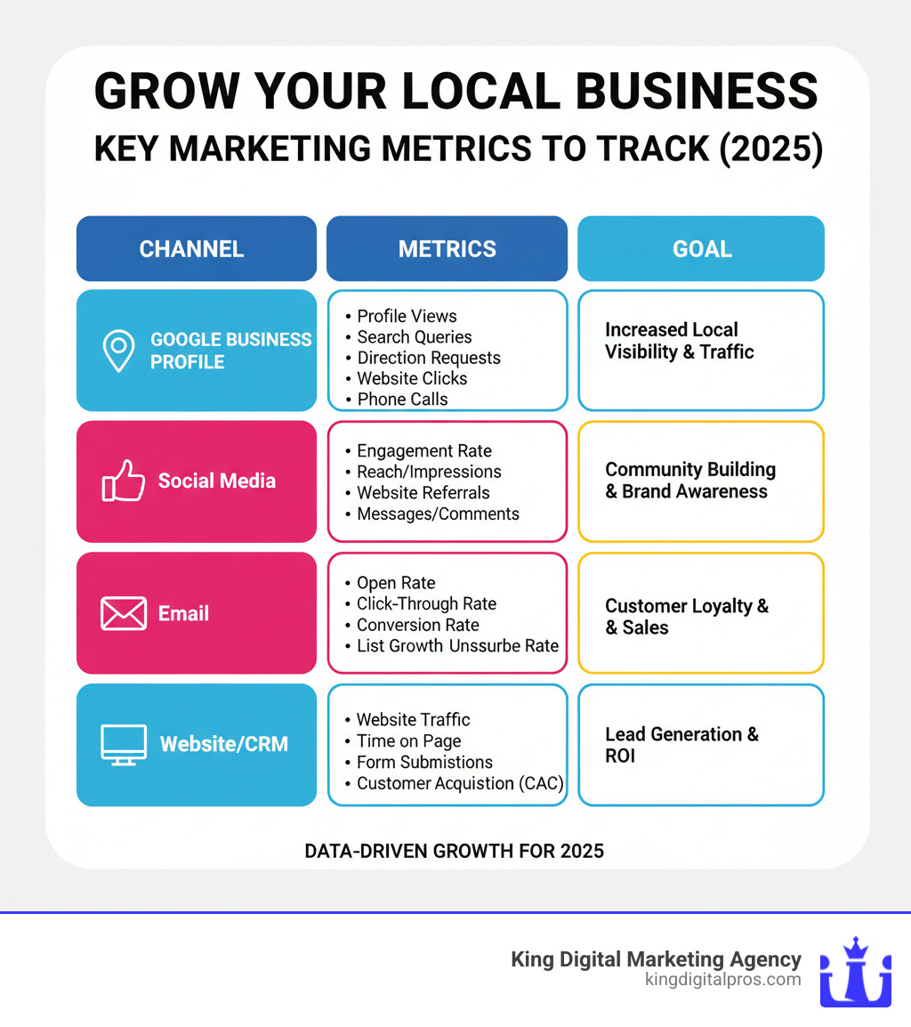 table showing key metrics to track for different marketing channels (e.g., GBP, Social Media, Email) - Grow your local business infographic table showing key metrics to track for different marketing channels (e.g., GBP, Social Media, Email) - Grow your local business infographic