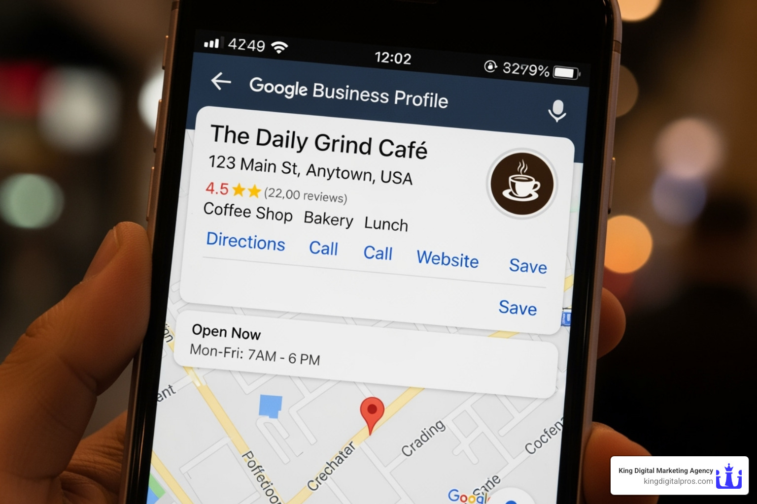 smartphone displaying a Google Business Profile on Google Maps - Grow your local business smartphone displaying a Google Business Profile on Google Maps - Grow your local business