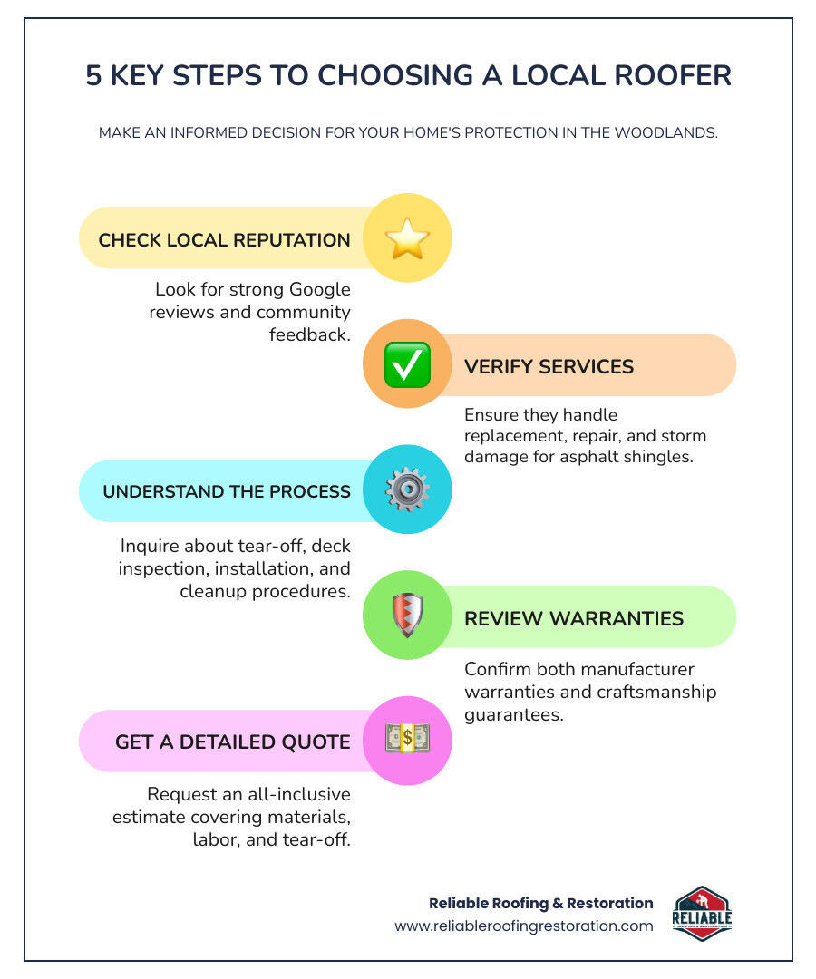 Infographic showing the 5 key steps to choosing a local roofer in The Woodlands: Step 1 - Check Local Reputation through Google reviews and community feedback; Step 2 - Verify Services including roof replacement, repair, and storm damage work with asphalt shingles; Step 3 - Understand the Process from tear-off through final inspection; Step 4 - Review Warranties covering both materials and craftsmanship; Step 5 - Get a Detailed Quote with all-inclusive pricing that covers tear-off, materials, labor, and cleanup - roofer the woodlands infographic infographic-line-5-steps-colors Infographic showing the 5 key steps to choosing a local roofer in The Woodlands: Step 1 - Check Local Reputation through Google reviews and community feedback; Step 2 - Verify Services including roof replacement, repair, and storm damage work with asphalt shingles; Step 3 - Understand the Process from tear-off through final inspection; Step 4 - Review Warranties covering both materials and craftsmanship; Step 5 - Get a Detailed Quote with all-inclusive pricing that covers tear-off, materials, labor, and cleanup - roofer the woodlands infographic infographic-line-5-steps-colors