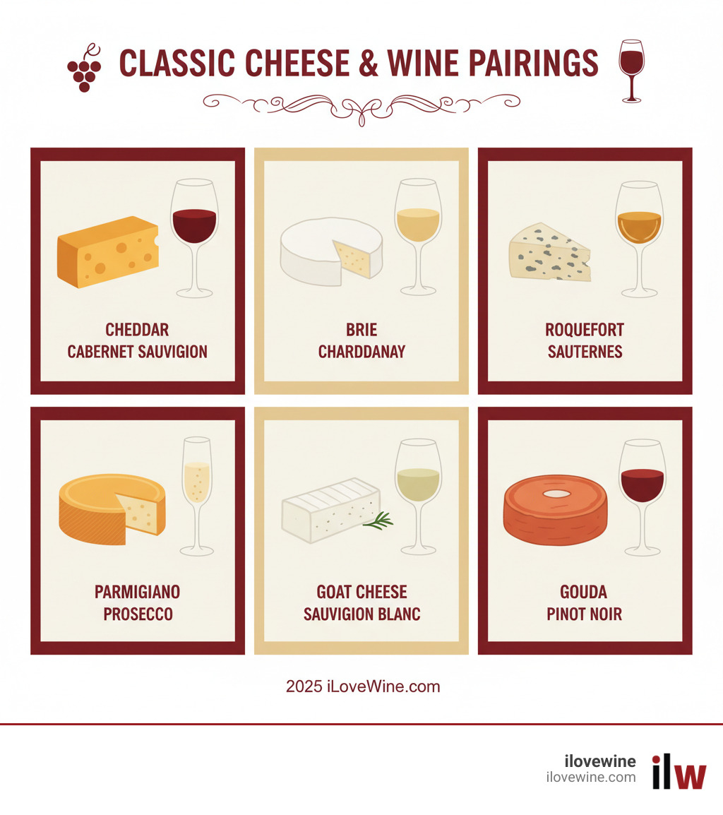 infographic showing classic cheese and wine pairings, such as cheddar with Cabernet Sauvignon or Brie with Chardonnay - Wine pairing principles infographic 
