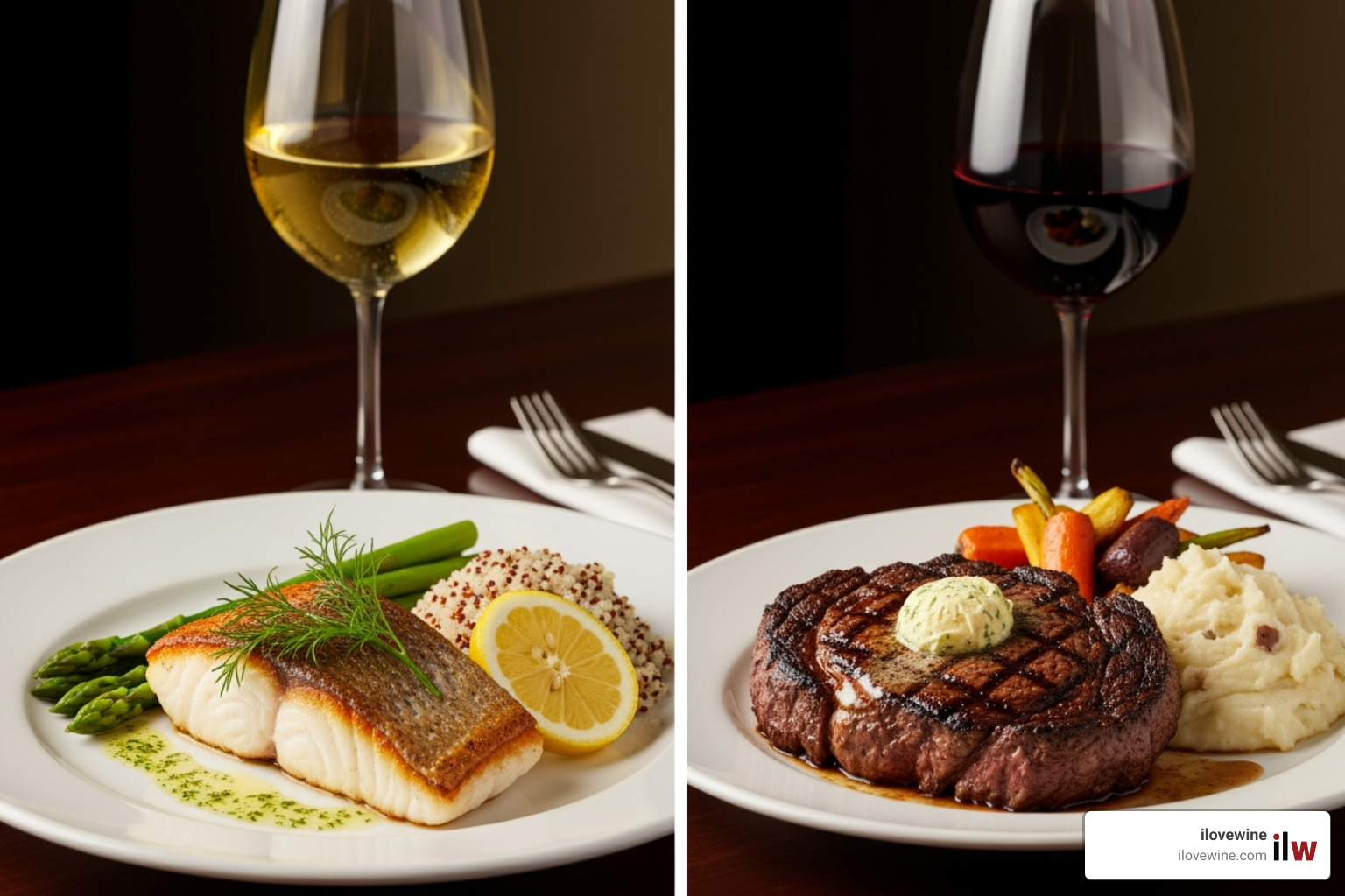 contrast light fish dish with white wine and hearty steak with red wine - Wine pairing principles