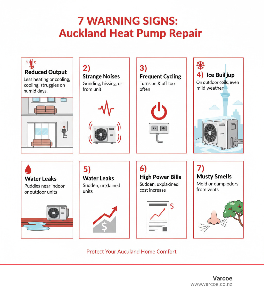 Infographic showing 7 warning signs your Auckland heat pump needs repair: 1) Reduced heating or cooling output with thermometer icon, 2) Unusual grinding or hissing noises with sound wave icon, 3) Frequent on-off cycling with power button icon, 4) Ice buildup on outdoor coils with snowflake icon, 5) Water leaks near units with water droplet icon, 6) Sudden spike in power bills with dollar sign icon, 7) Musty smells from vents with nose icon. Each sign includes a brief description and visual indicator specific to Auckland homes. - heat pump repairs auckland infographic Infographic showing 7 warning signs your Auckland heat pump needs repair: 1) Reduced heating or cooling output with thermometer icon, 2) Unusual grinding or hissing noises with sound wave icon, 3) Frequent on-off cycling with power button icon, 4) Ice buildup on outdoor coils with snowflake icon, 5) Water leaks near units with water droplet icon, 6) Sudden spike in power bills with dollar sign icon, 7) Musty smells from vents with nose icon. Each sign includes a brief description and visual indicator specific to Auckland homes. - heat pump repairs auckland infographic