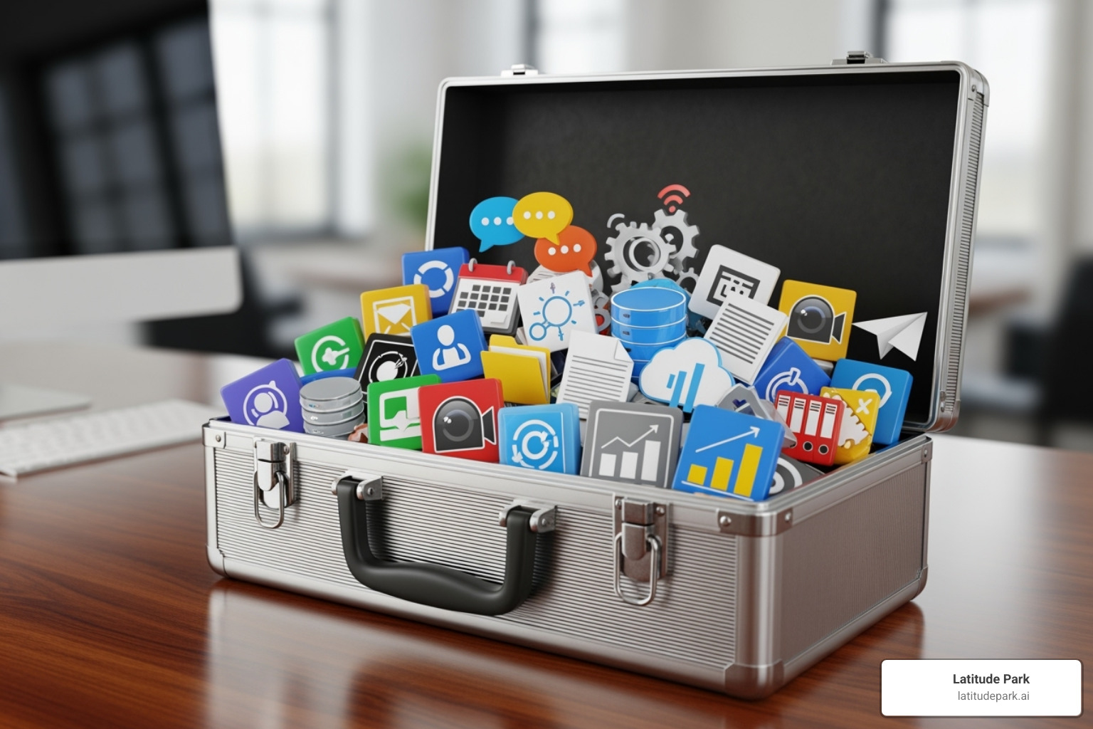 toolbox with different icons representing various software categories - business automation tools