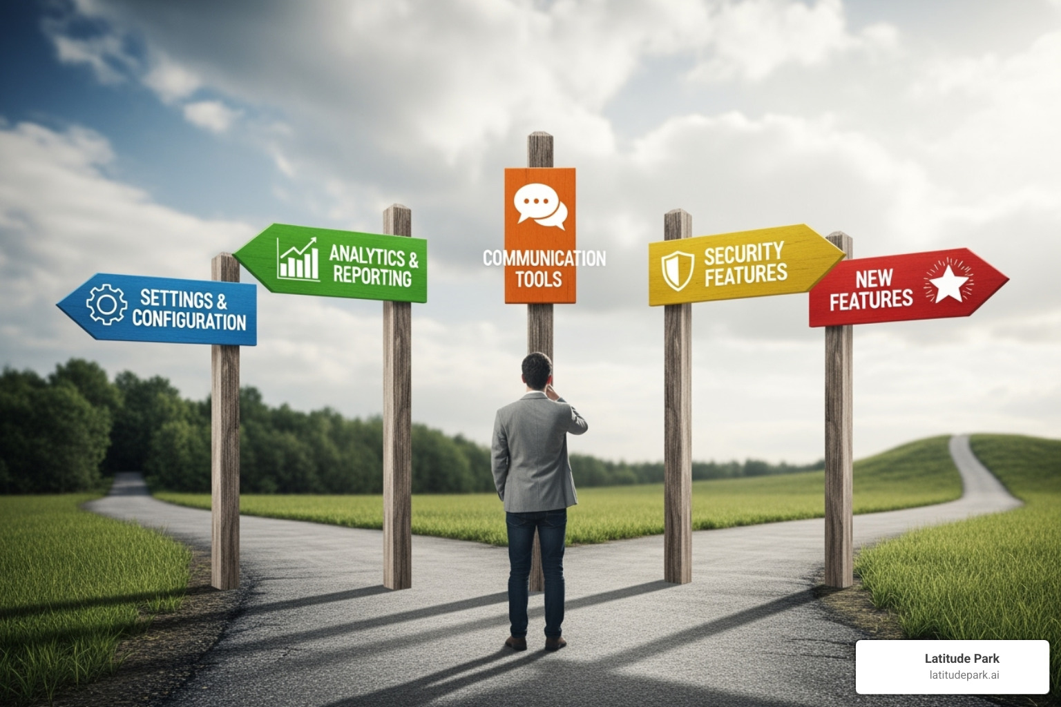 person at a crossroads with signs pointing to different software features - business automation tools