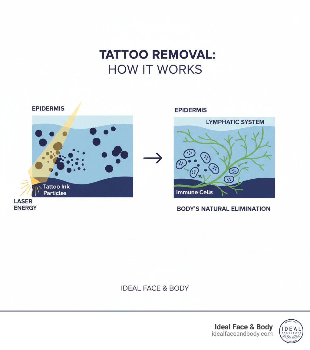 Infographic showing cross-section of skin layers with tattoo ink particles trapped in the dermis layer, laser light breaking down ink particles into smaller fragments, and the immune system removing the fragmented particles through the lymphatic system - get rid of tattoo infographic 