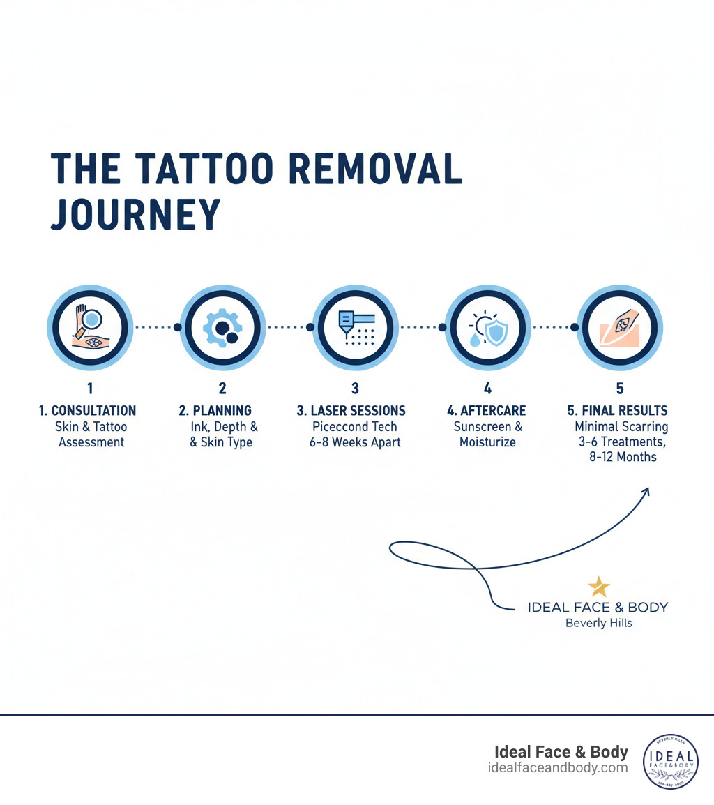 Infographic showing the complete tattoo removal process: Step 1 - Initial consultation with skin and tattoo assessment; Step 2 - Treatment planning based on ink colors, depth, and skin type; Step 3 - Laser sessions spaced 6-8 weeks apart using picosecond technology; Step 4 - Aftercare between sessions including sun protection and moisturizing; Step 5 - Final results with minimal scarring after 3-6 treatments over 8-12 months - tattoo removal Beverly Hills infographic Infographic showing the complete tattoo removal process: Step 1 - Initial consultation with skin and tattoo assessment; Step 2 - Treatment planning based on ink colors, depth, and skin type; Step 3 - Laser sessions spaced 6-8 weeks apart using picosecond technology; Step 4 - Aftercare between sessions including sun protection and moisturizing; Step 5 - Final results with minimal scarring after 3-6 treatments over 8-12 months - tattoo removal Beverly Hills infographic