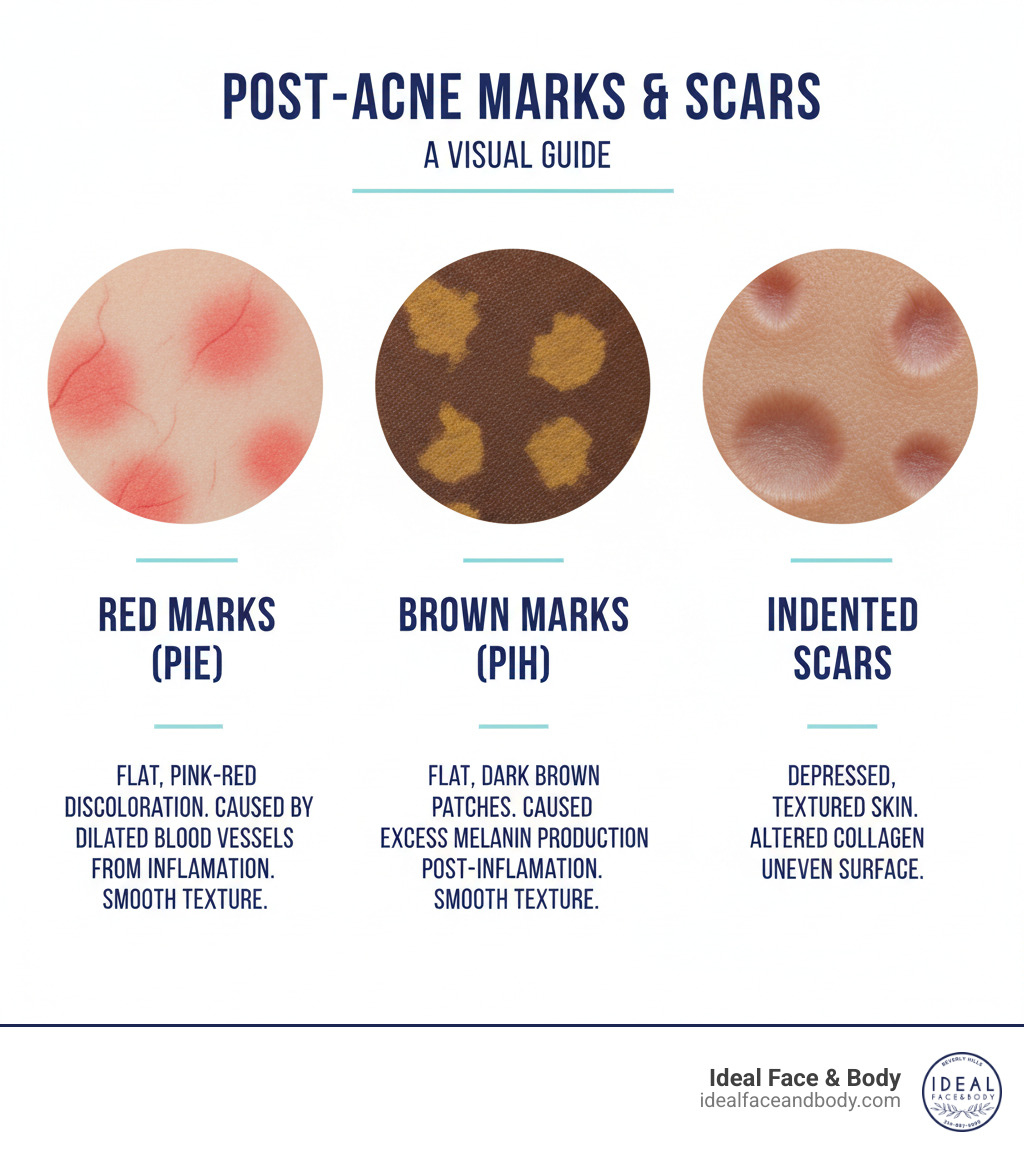 Infographic showing three side-by-side skin close-ups comparing red acne marks (PIE) with flat, pink-red discoloration caused by dilated blood vessels; brown acne marks (PIH) with flat, dark brown patches caused by excess melanin production; and indented acne scars showing depressed, textured skin with altered collagen structure - Red acne marks infographic 