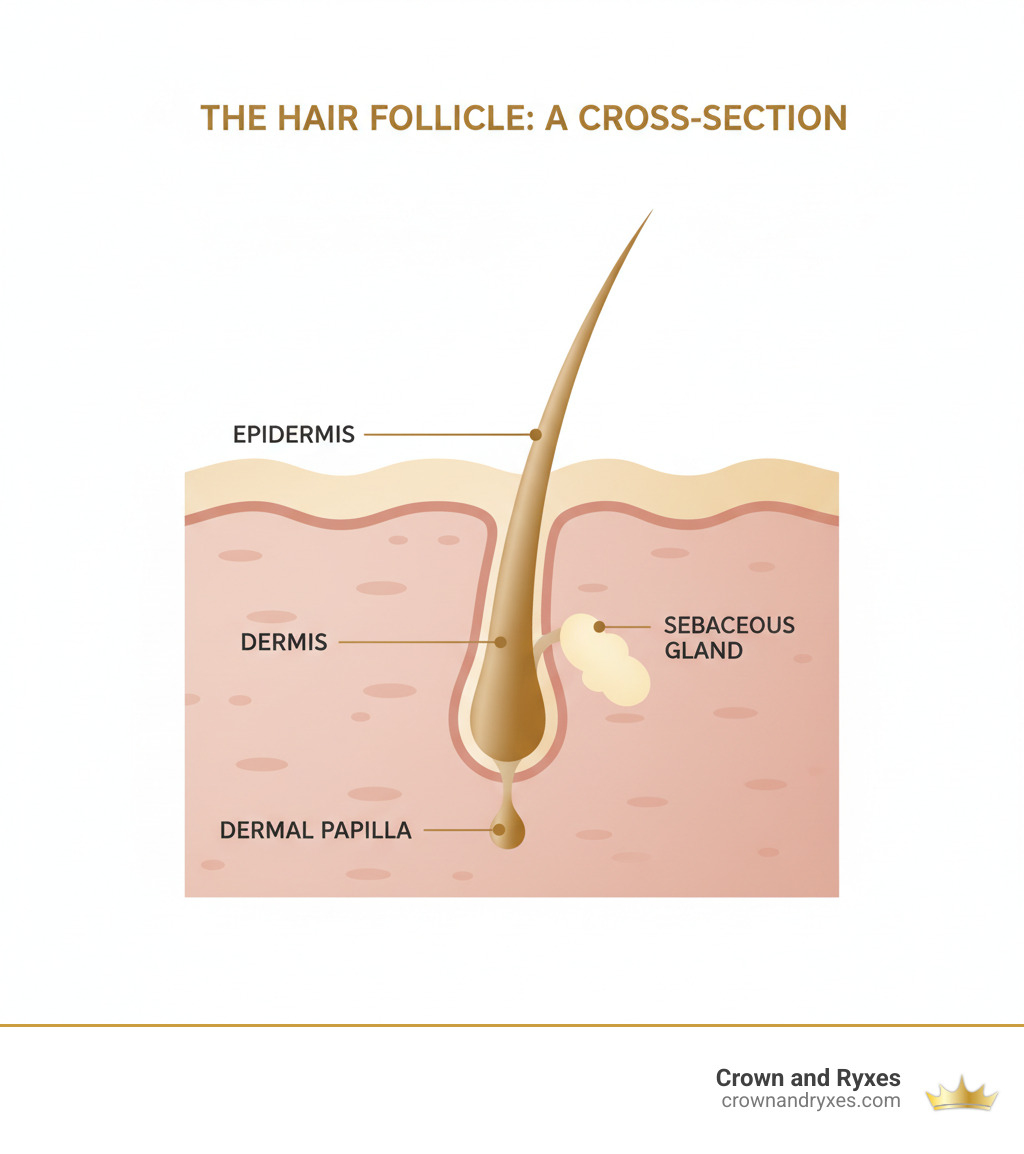 Infographic showing a cross-section of skin with a labeled hair follicle, including the hair shaft emerging from the surface, the follicle extending into the dermis layer, the dermal papilla at the base, the sebaceous gland attached to the side, and labels for epidermis and dermis layers - Hair follicle health infographic Infographic showing a cross-section of skin with a labeled hair follicle, including the hair shaft emerging from the surface, the follicle extending into the dermis layer, the dermal papilla at the base, the sebaceous gland attached to the side, and labels for epidermis and dermis layers - Hair follicle health infographic