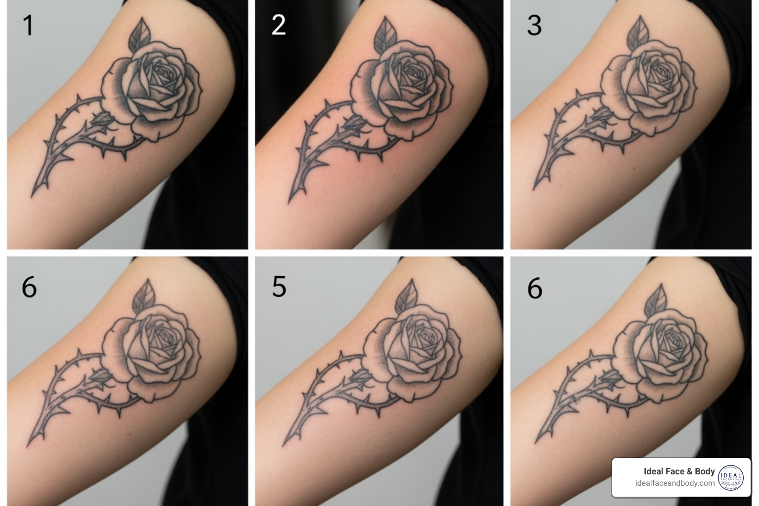 Tattoo at different stages of the laser removal process, showing progressive fading - get rid of tattoo
