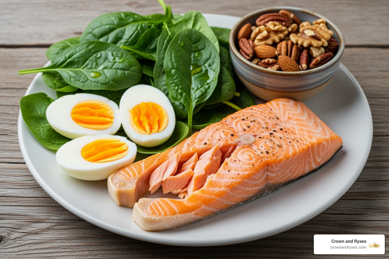 Image of nutrient-rich foods for hair health like salmon, spinach, eggs, and nuts - Hair follicle health Image of nutrient-rich foods for hair health like salmon, spinach, eggs, and nuts - Hair follicle health