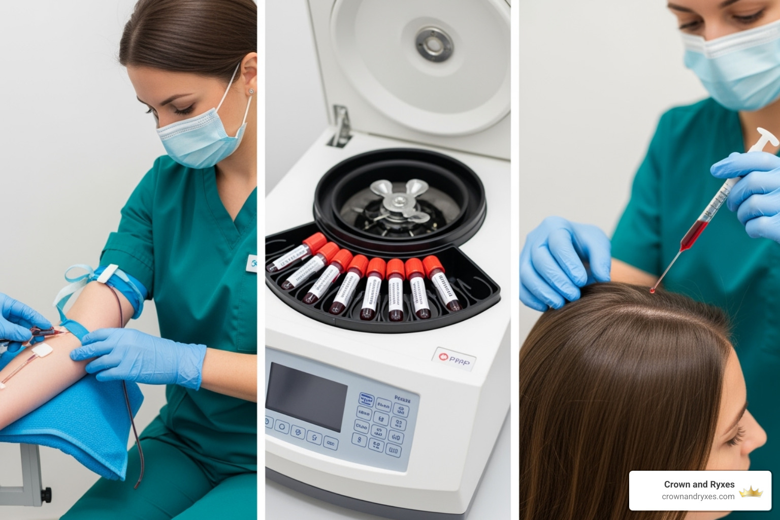 Image illustrating the process of PRP therapy, from blood draw to injection. - Hair regrowth program