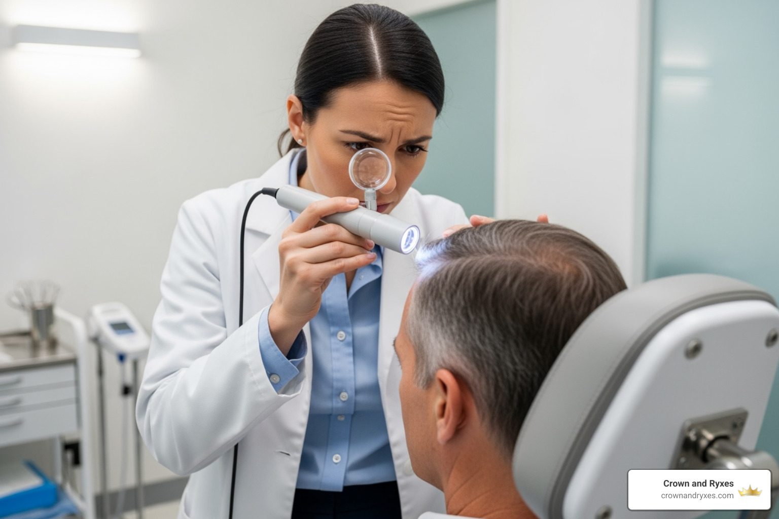 Image of a Crown and Ryxes specialist examining a patient's scalp with a magnifying tool. - Hair regrowth program