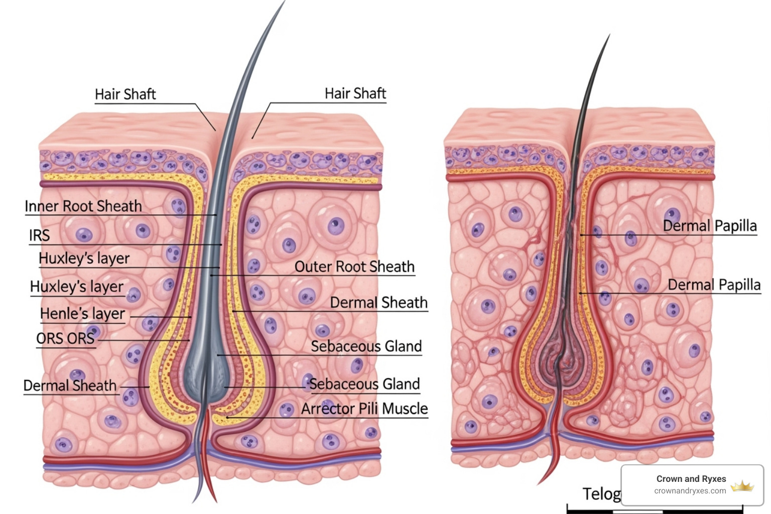 Image illustrating a shrunken or damaged hair follicle next to a healthy one - Hair follicle health Image illustrating a shrunken or damaged hair follicle next to a healthy one - Hair follicle health