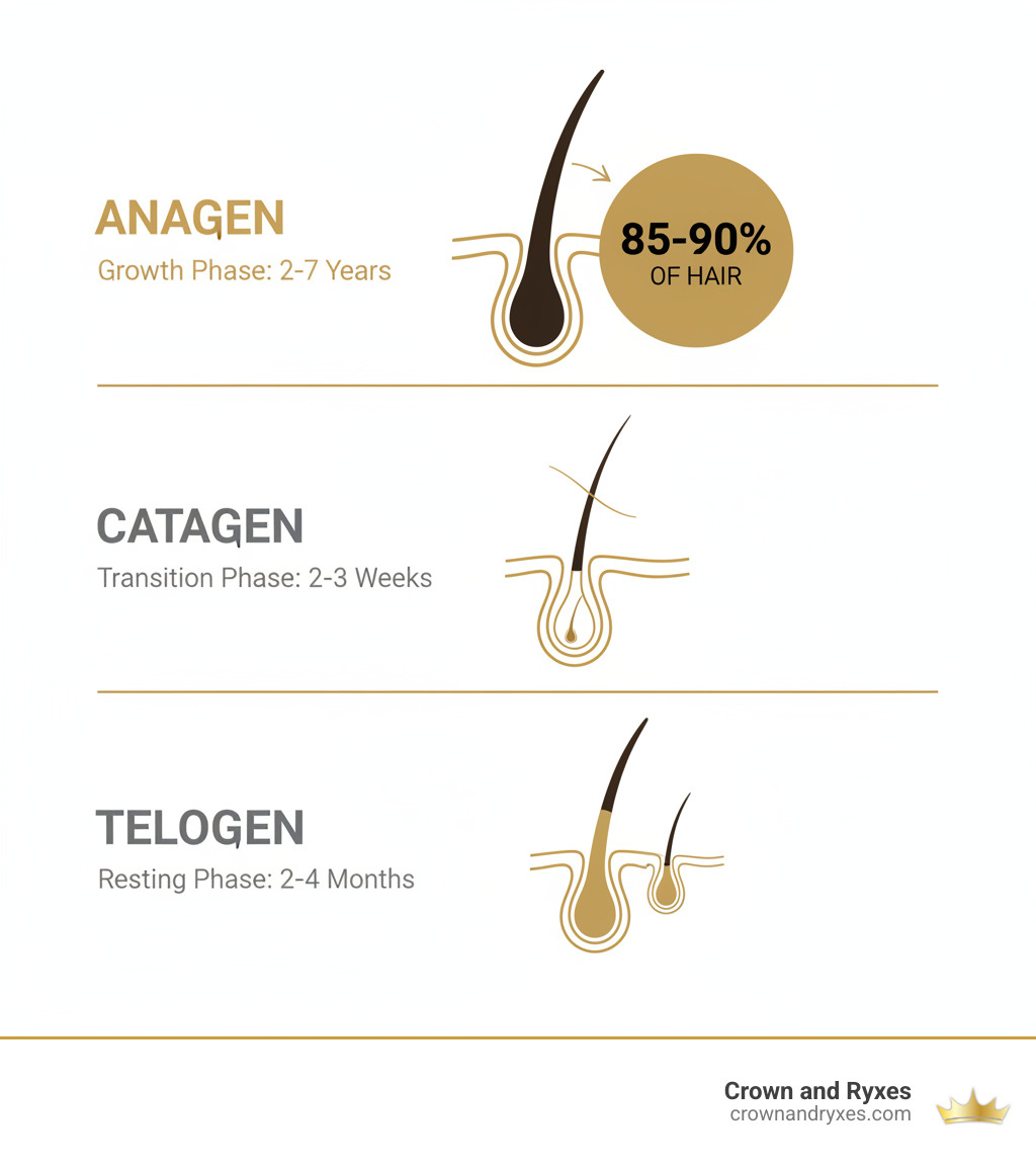 Infographic showing the three stages of hair growth: Anagen (growth phase lasting 2-7 years), Catagen (transition phase lasting 2-3 weeks), and Telogen (resting phase lasting 2-4 months), with visual representation of hair follicles in each stage and statistics showing that approximately 85-90% of hair is in the anagen phase at any given time - Hair regrowth program infographic 
