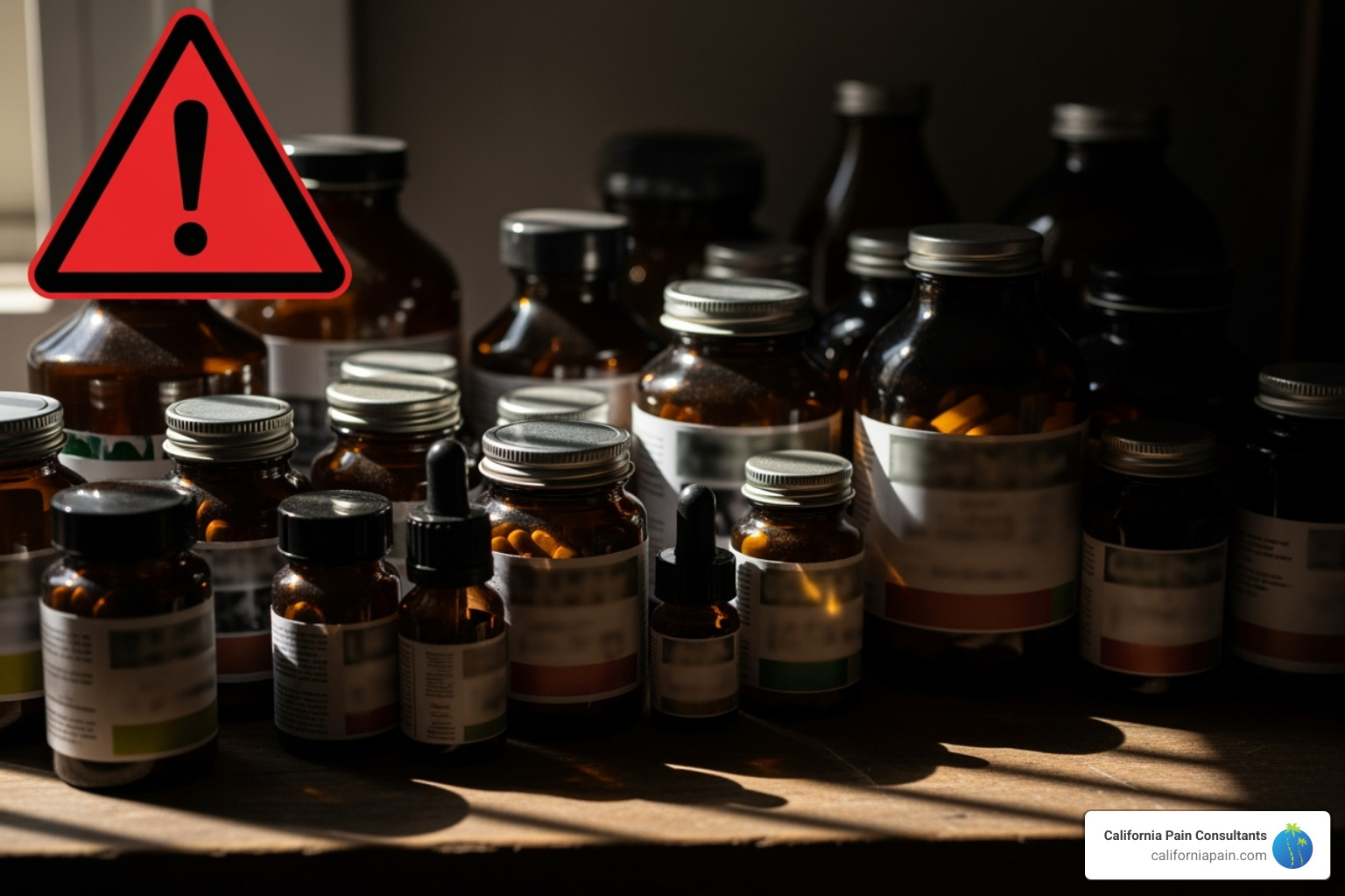 Various herbal supplements displayed with a red caution sign overlay, emphasizing the potential risks and lack of regulation in biologically based therapies. - alternative health medicine