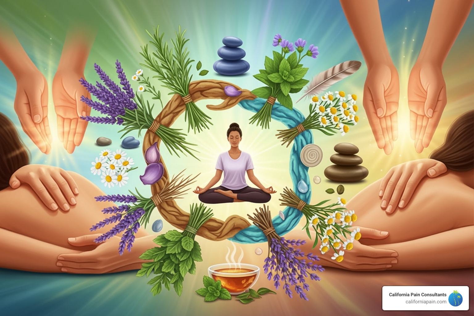 A chart or diagram showing the five main categories of CAM: Mind-Body Interventions, Biologically Based Practices, Manipulative and Body-Based Methods, Energy Therapies, and Whole Medical Systems. Each category lists examples like meditation, herbal remedies, chiropractic, Reiki, and Traditional Chinese Medicine. - alternative health medicine