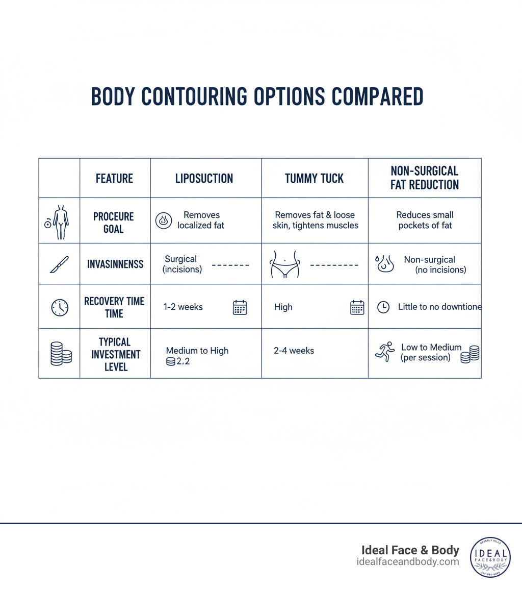 Table comparing Liposuction, Tummy Tuck, and Non-Surgical Fat Reduction on the basis of Procedure Goal, Invasiveness, Recovery Time, and Typical Investment Level - how much is it for lipo infographic 