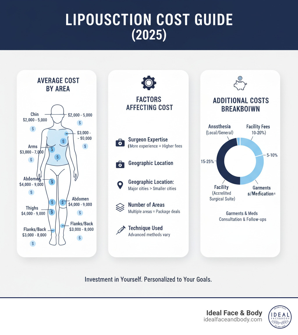 infographic showing average liposuction cost ranges by body area, factors affecting total investment including surgeon expertise and geographic location, and breakdown of additional costs like anesthesia and facility fees - how much is it for lipo infographic 