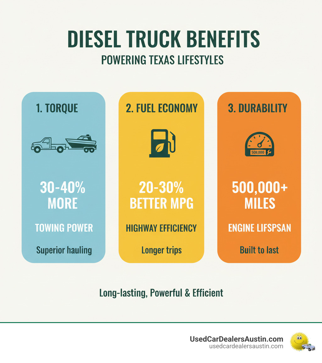 Infographic showing the top 3 benefits of diesel trucks: 1. Torque - diesel engines produce 30-40% more torque than gasoline engines for superior towing and hauling, 2. Fuel Economy - diesel trucks average 20-30% better highway MPG compared to gas trucks, 3. Durability - diesel engines commonly reach 500,000+ miles with proper maintenance versus 200,000 miles for gasoline engines - used diesel trucks austin tx infographic