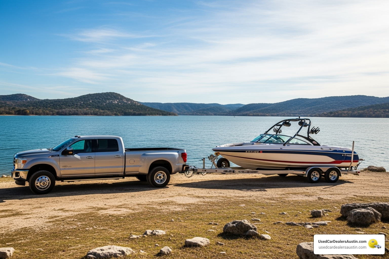 Diesel truck towing boat on Lake Travis - used diesel trucks austin tx