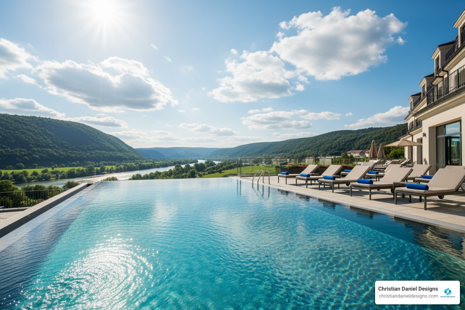 A stunning image of a hotel's infinity pool overlooking a scenic landscape, inviting guests to relax and enjoy - Hotel website development