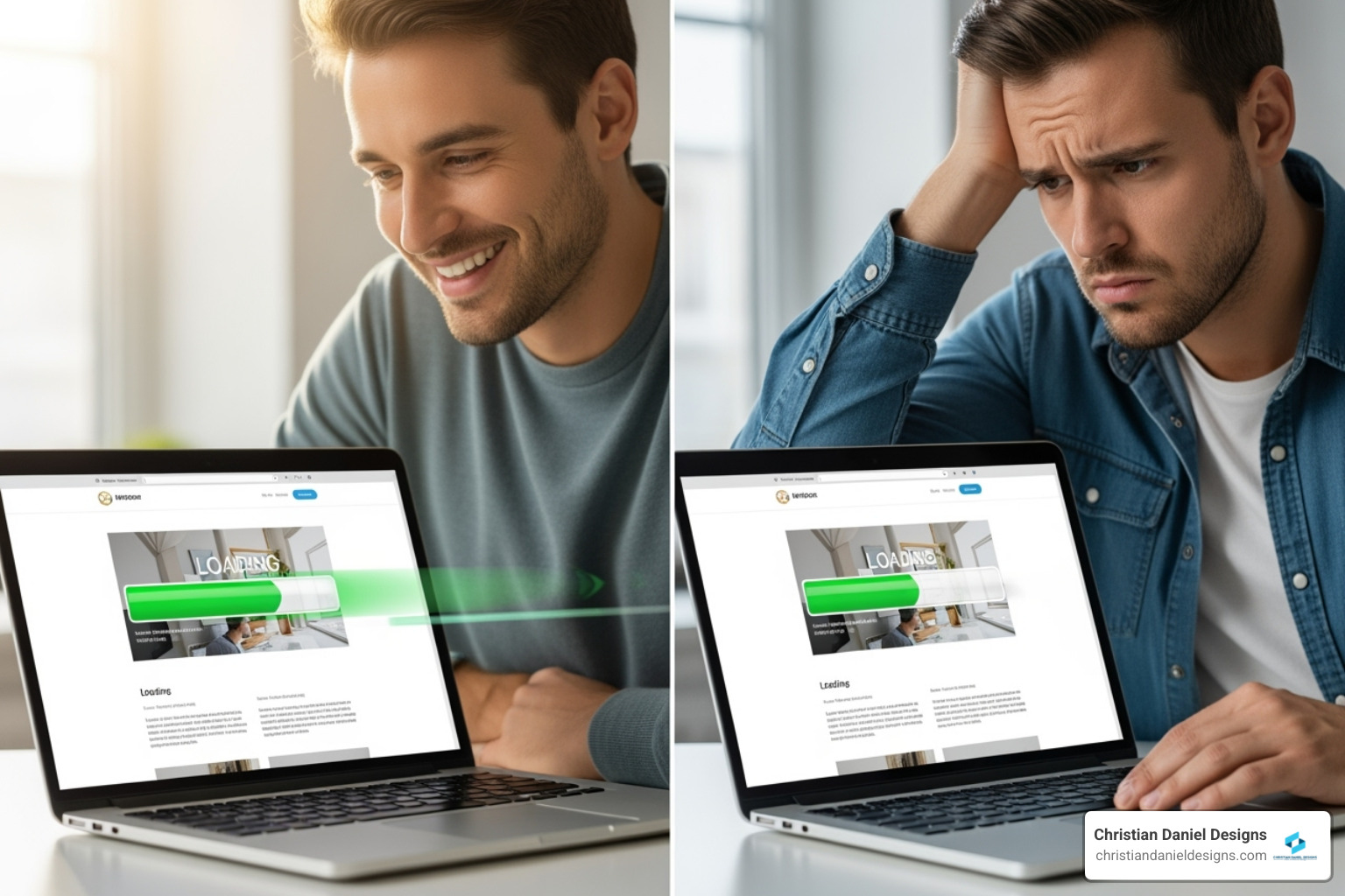 A split image comparing a fast-loading website on the left (showing a happy user with a quick loading bar) to a slow-loading website on the right (showing a frustrated user with a stagnant loading bar) - Hotel website development