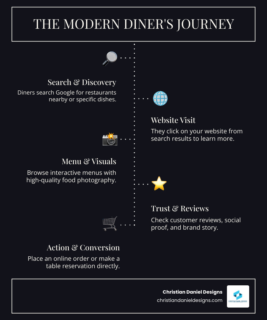 infographic showing the modern diner journey: 1. Google search for restaurants nearby, 2. Click on website from search results, 3. Browse menu and photos on mobile, 4. Check reviews and social proof, 5. Place order or make reservation, 6. Become repeat customer through loyalty program - Restaurant web development infographic infographic-line-5-steps-dark