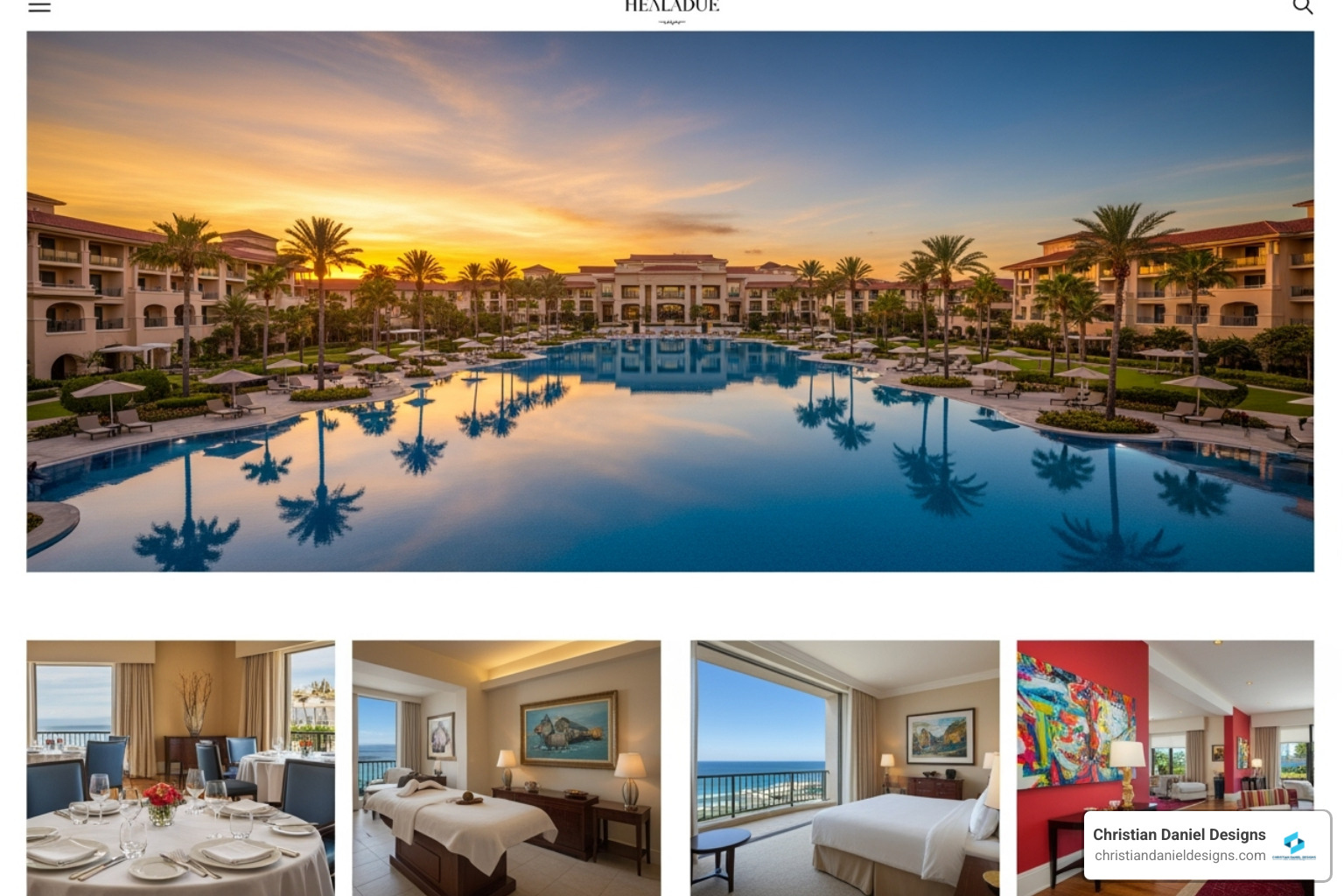 A beautifully designed hotel website homepage showcasing a unique brand aesthetic with elegant typography, rich color palette, and high-quality imagery of the property - Hotel website development