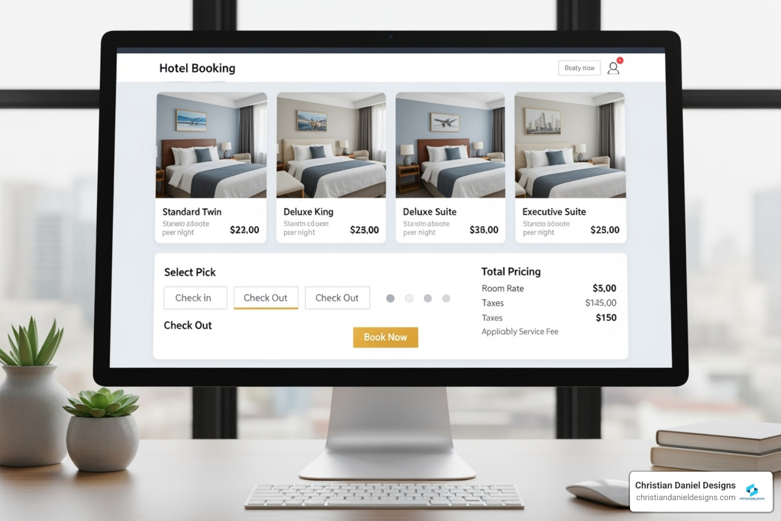 A seamless booking engine interface on a hotel website, showing clear room selection, date picker, pricing, and a prominent 'Book Now' button - Hotel website development