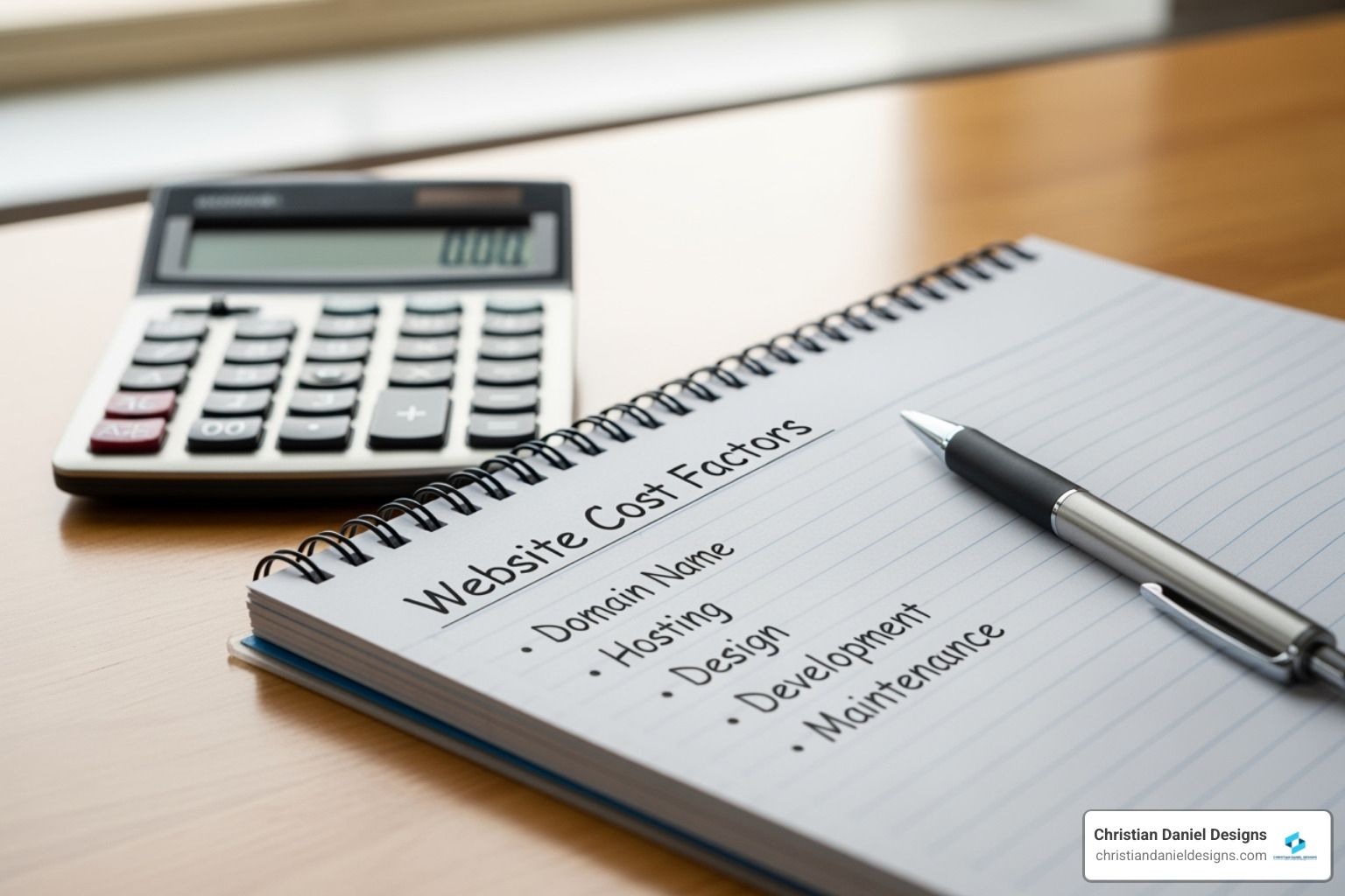 calculator and a notepad with website cost factors listed - Restaurant web development