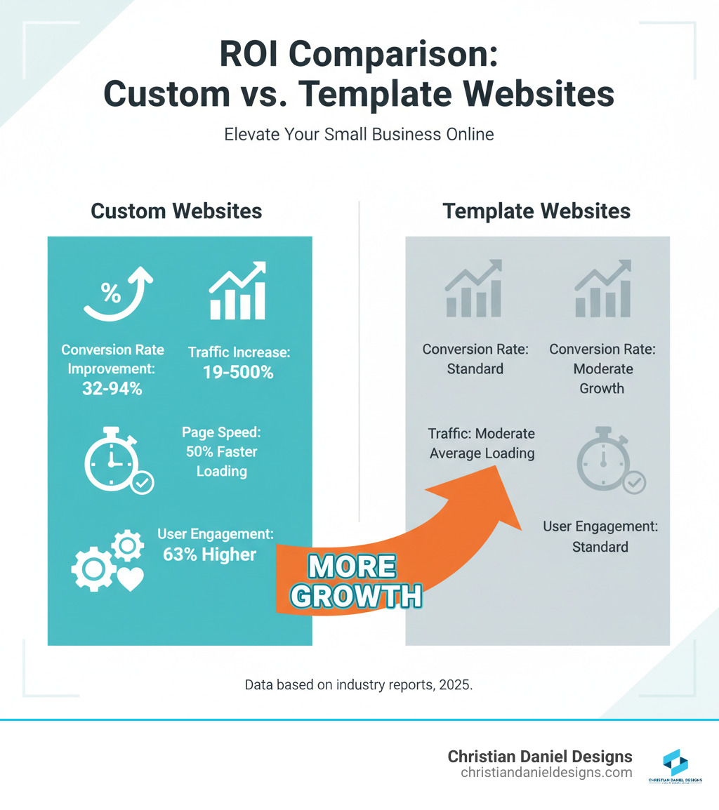 infographic showing the ROI comparison between custom and template websites, displaying statistics on conversion rate improvements of 32-94%, traffic increases of 19-500%, page speed improvements of 50% faster loading times, and engagement metrics showing 63% higher user engagement for custom sites versus template-based solutions - Custom website for small business infographic 