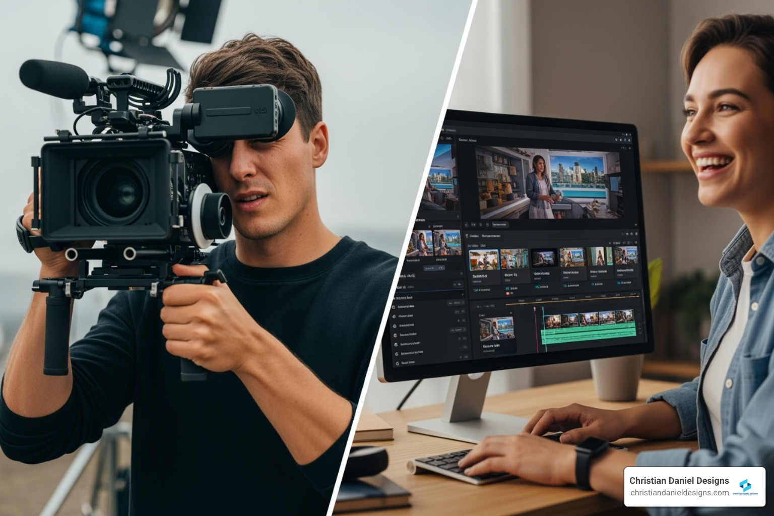 Split Screen Showing A Person Filming With A Camera On One Side And A Person Happily Using A Computer With An Ai Video Tool On The Other - Ai Product Video Creator Split screen showing a person filming with a camera on one side and a person happily using a computer with an ai video tool on the other - ai product video creator
