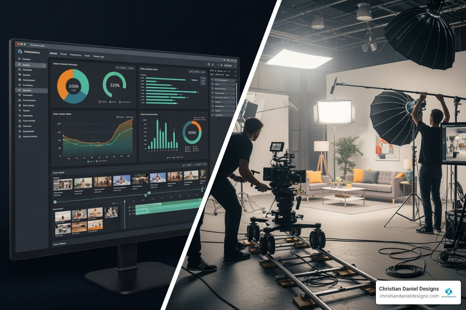 Video marketing solutions showing a split screen with a software dashboard on one side and a video production set on the other - video marketing solutions