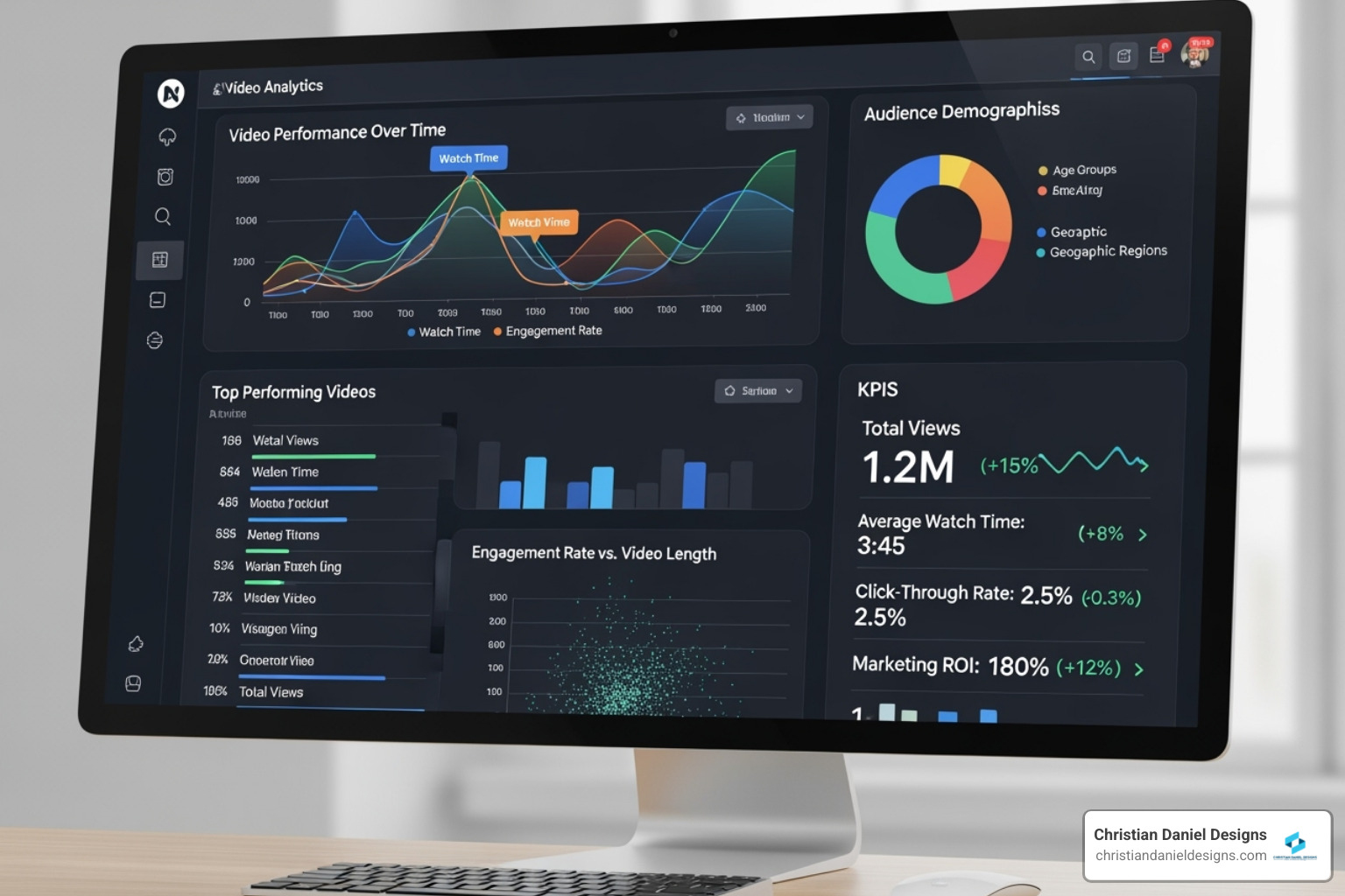 Video marketing solutions showing a detailed analytics dashboard with graphs and metrics for video performance and ROI - video marketing solutions