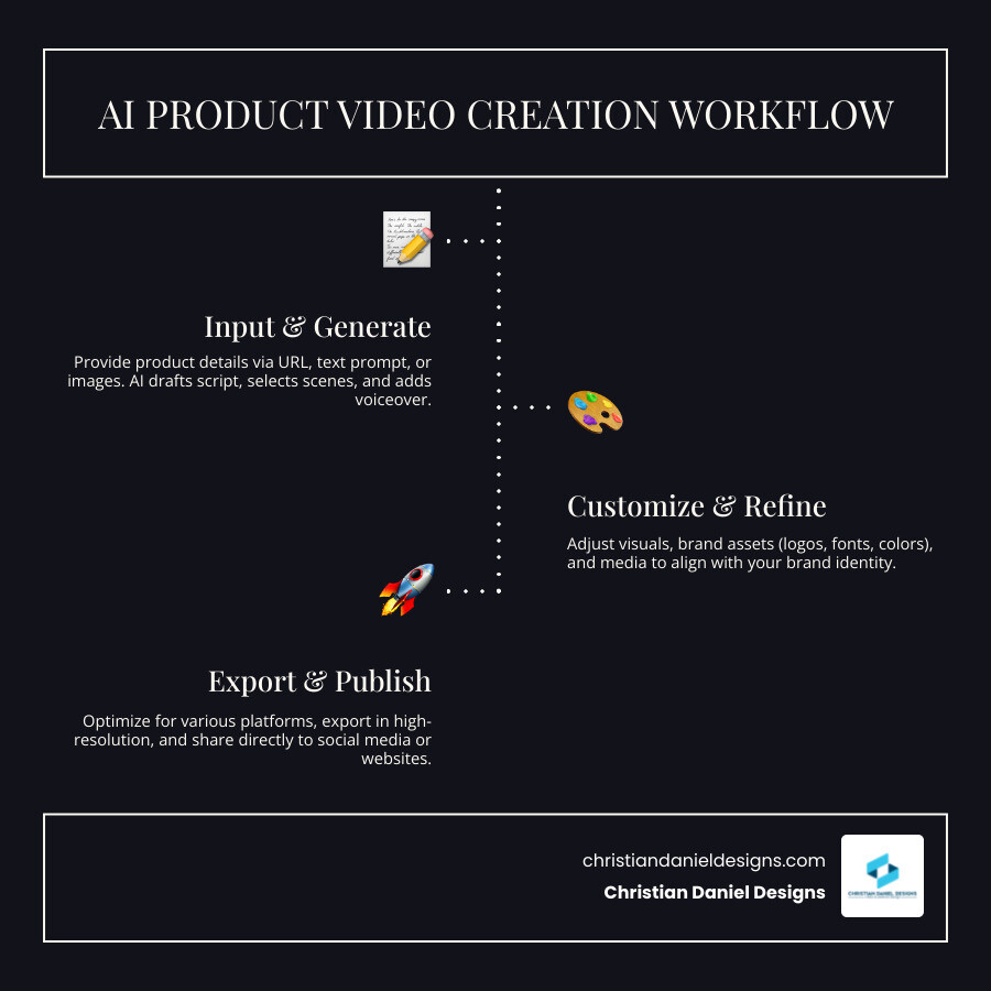 Step-by-step infographic showing the AI product video creation workflow: 1) Input product details via URL or text prompt, 2) AI generates script and selects scenes, 3) Customize with brand assets and edits, 4) Export and publish to multiple platforms - how to make product video with ai infographic infographic-line-3-steps-dark