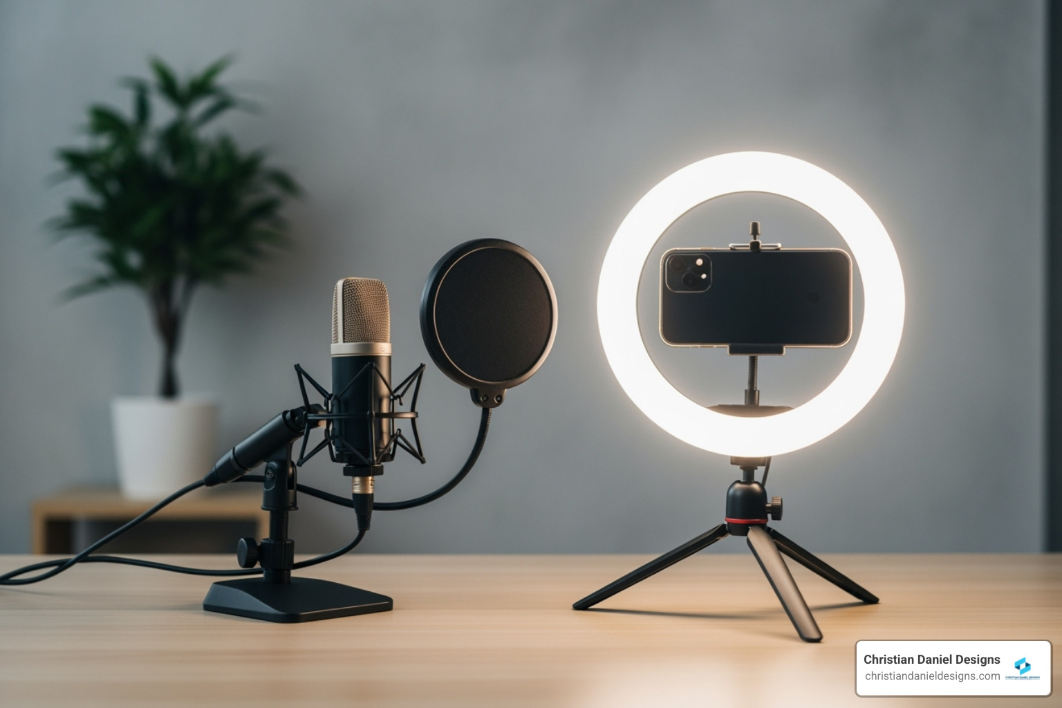 simple video recording setup with a smartphone, ring light, and microphone - small business video marketing